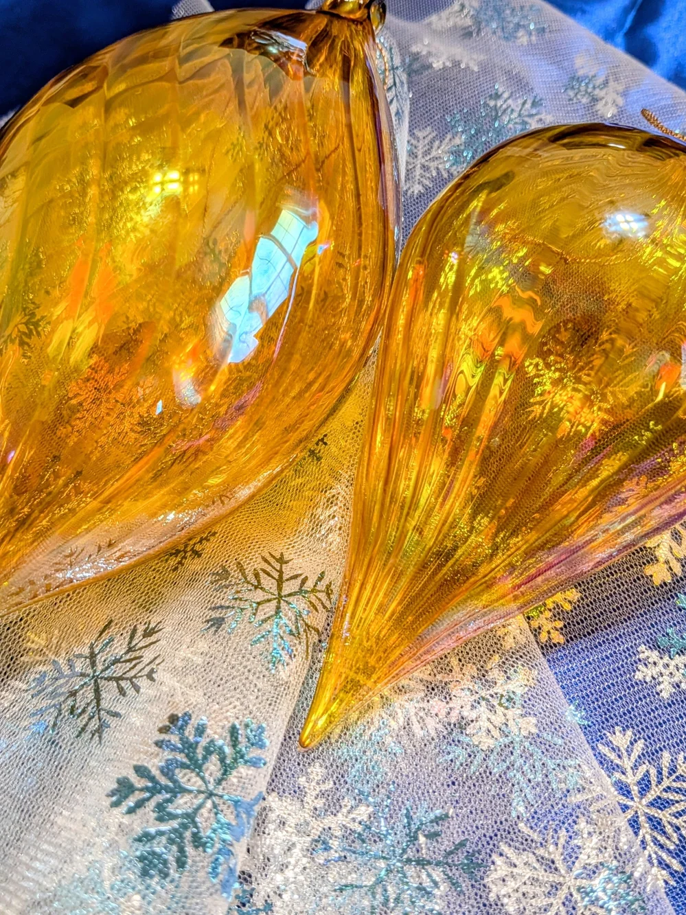 Large Amber Iridescent Art Glass Teardrop Ornament Set Of 2  6-7